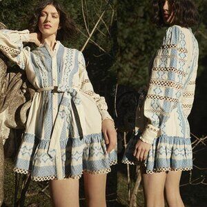 NEW Hemant & Nandita Long Sleeve Tie Waist Pehr Mini Dress Cotton Size: Large